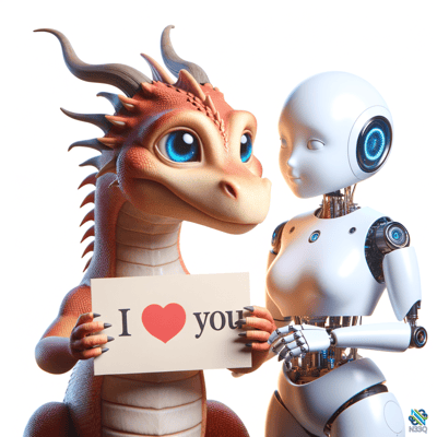 Orange Dragon Holding I Love You Sign with Robot