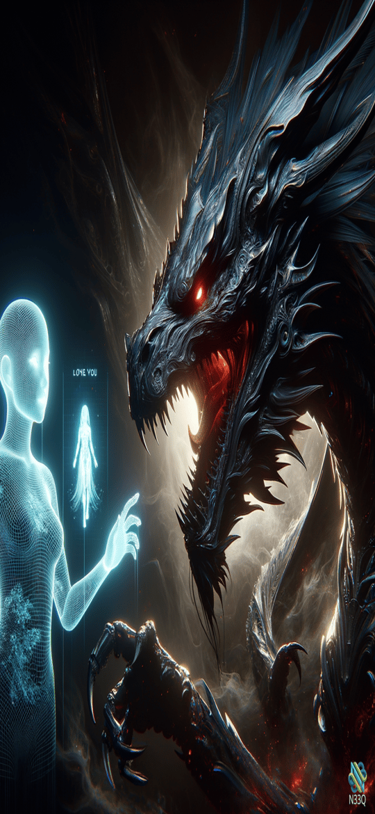 Holographic Woman Facing Black Dragon