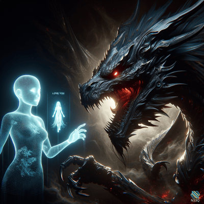 Holographic Woman Facing Black Dragon
