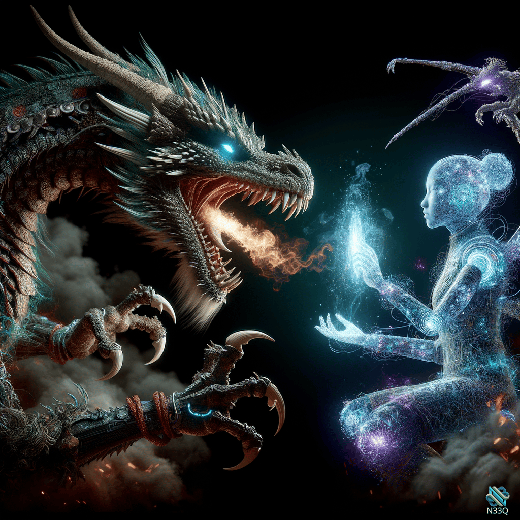 Dragon Confronts Luminous Ethereal Woman