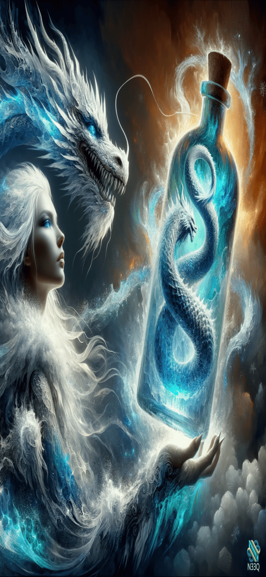 Woman Holding Bottle with Blue Dragon