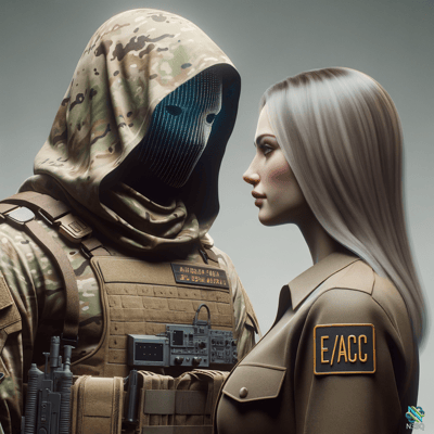 Camo Soldier in Grid Mask Faces Silver-Haired Woman