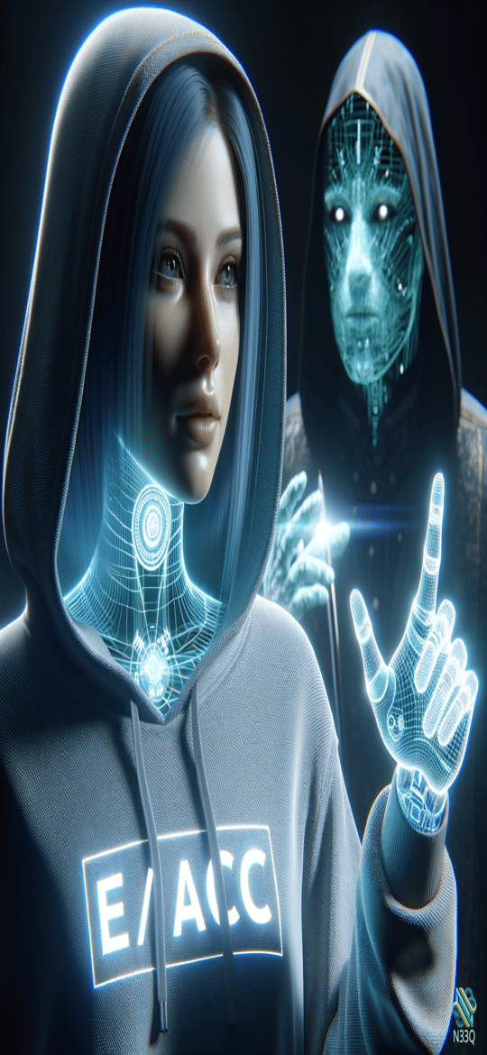 Hooded Woman with Holographic Digital Companion