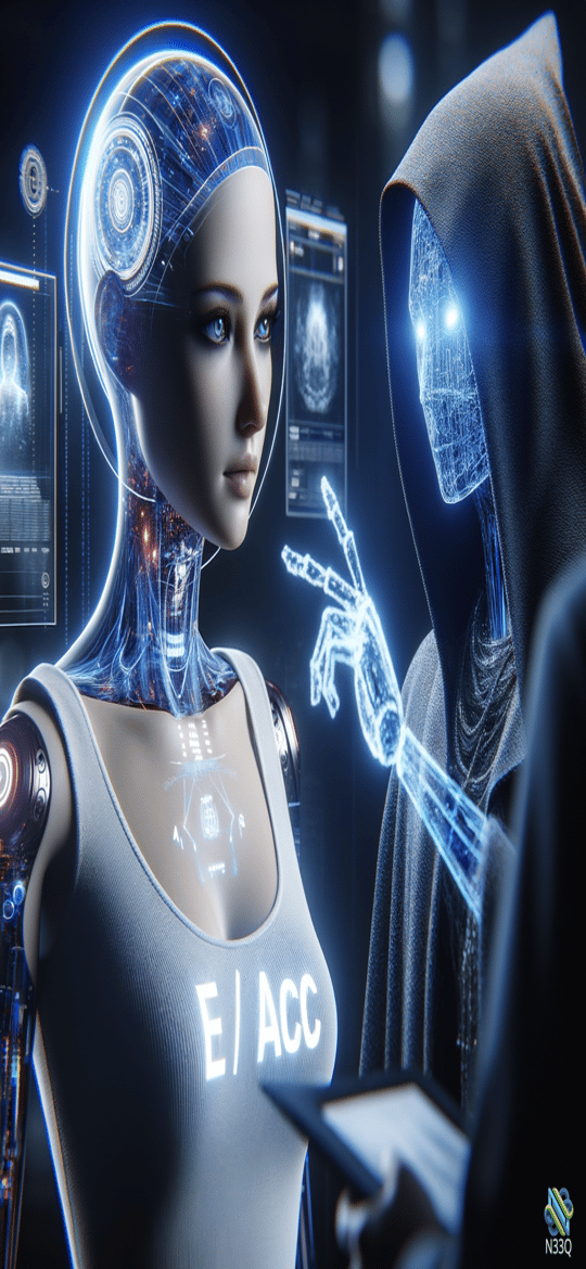 Cyborg Woman Facing Holographic Hooded Figure