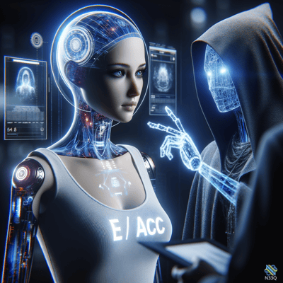 Cyborg Woman Facing Holographic Hooded Figure