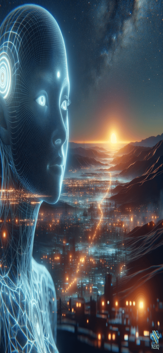 Wireframe Humanoid Overlooking Neon City at Sunset