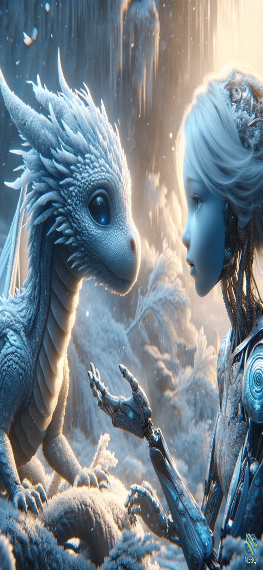 Icy Dragon Meets Cyborg Woman in Snow