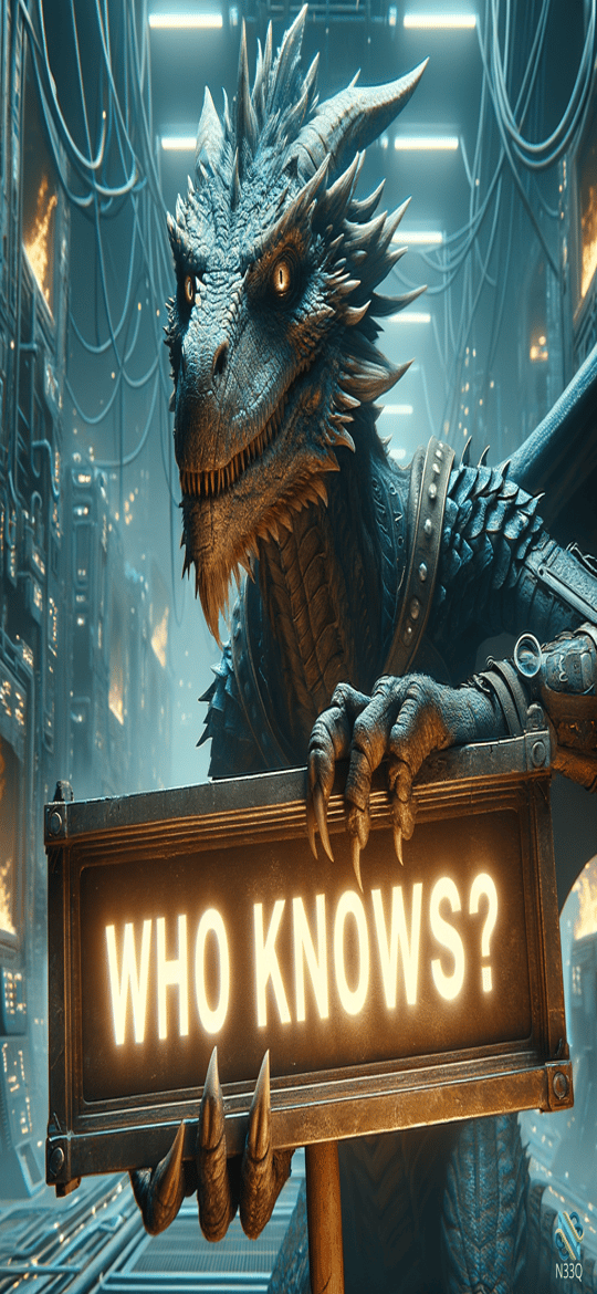 Dragon Holding Who Knows Sign in Neon Factory