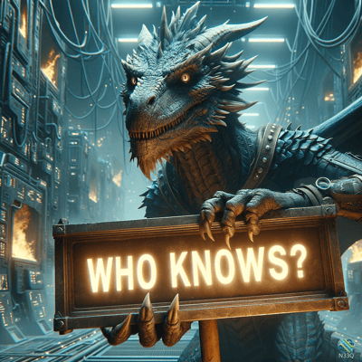 Dragon Holding Who Knows Sign in Neon Factory