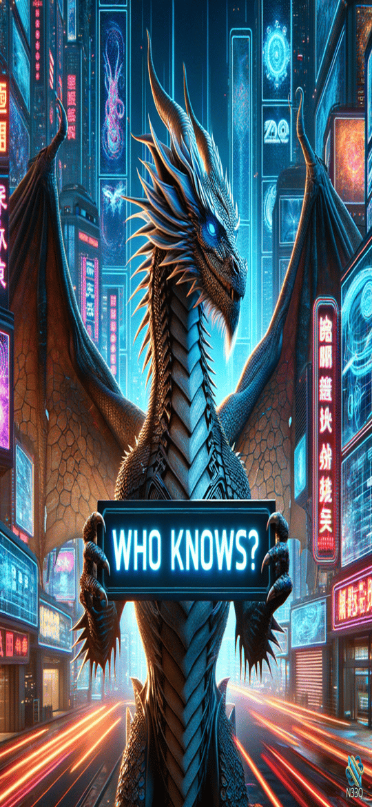 Cyberpunk Dragon Holding Who Knows Sign