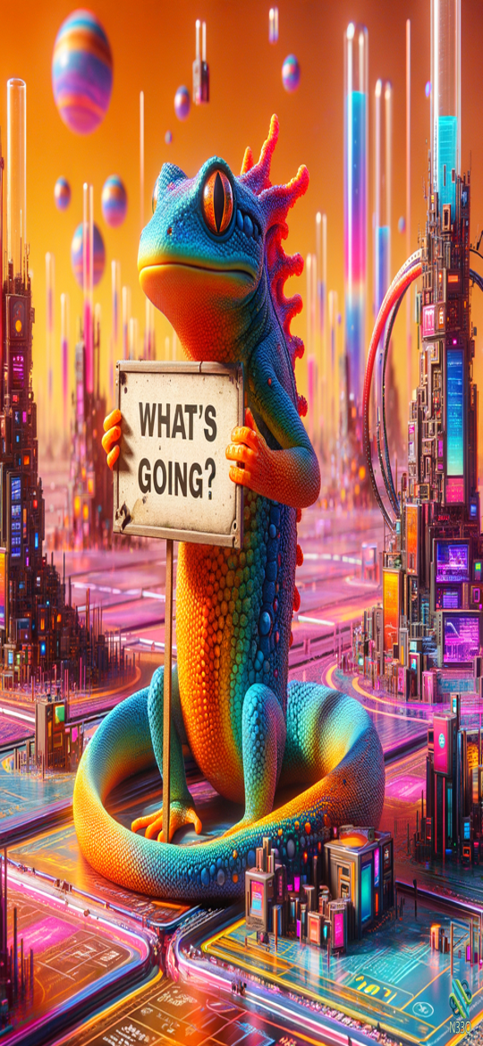 Rainbow Lizard Holding What's Going Sign