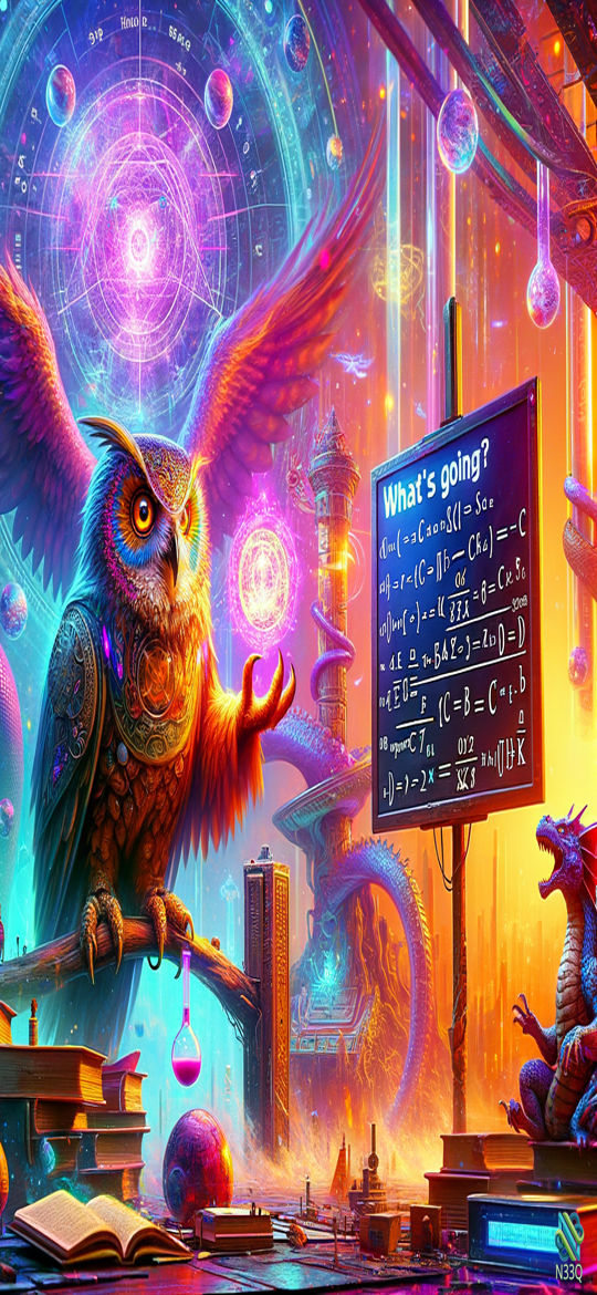 Cosmic Owl Presenting Equations with Dragon