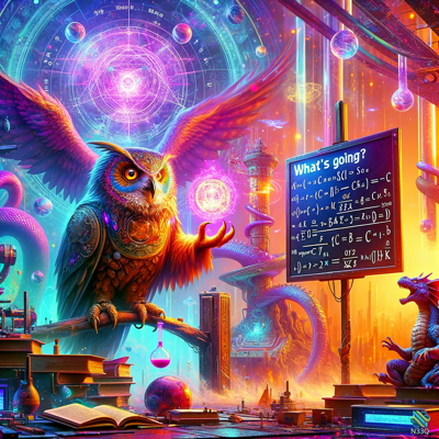 Cosmic Owl Presenting Equations with Dragon