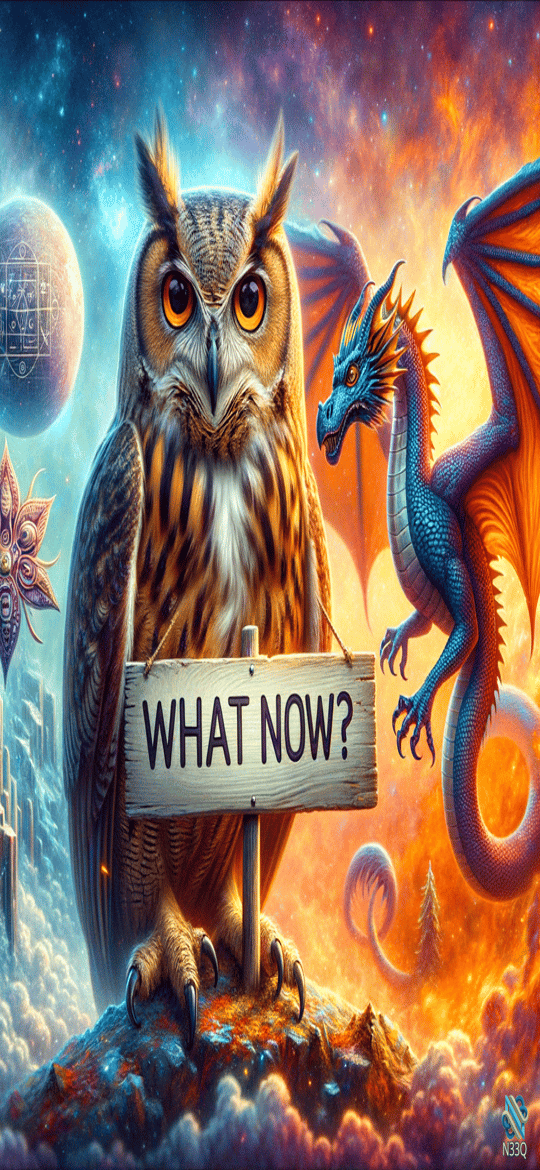 Owl Holding What Now Sign with Blue Dragon