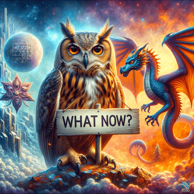 Owl Holding What Now Sign with Blue Dragon