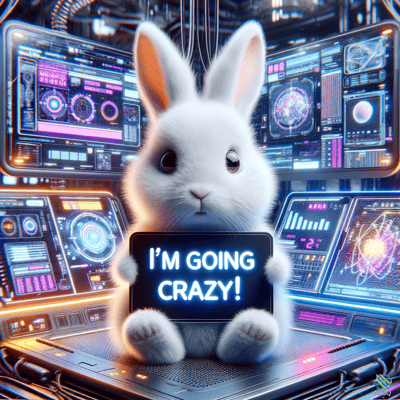 White Rabbit Holding Glowing Crazy Sign in Lab