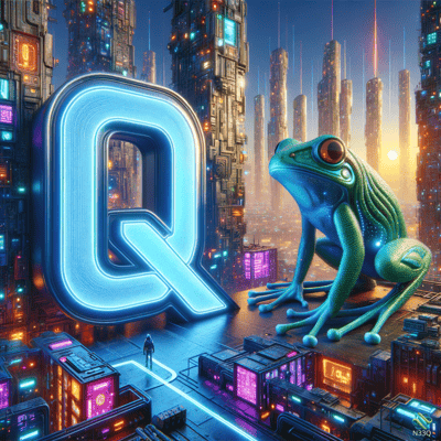 Neon Blue Q and Green Frog in Cyberpunk City