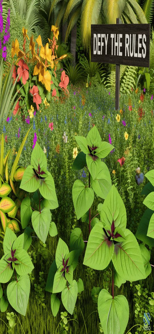 Lush Garden with Defy the Rules Sign