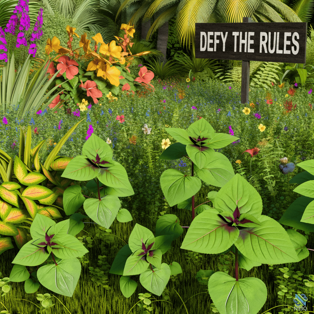 Lush Garden with Defy the Rules Sign