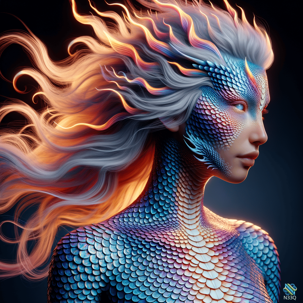 Woman with Iridescent Dragon Scales and Fiery Hair