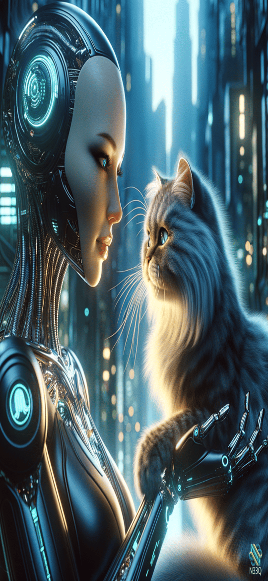 Cyborg Woman and Cat in Neon City