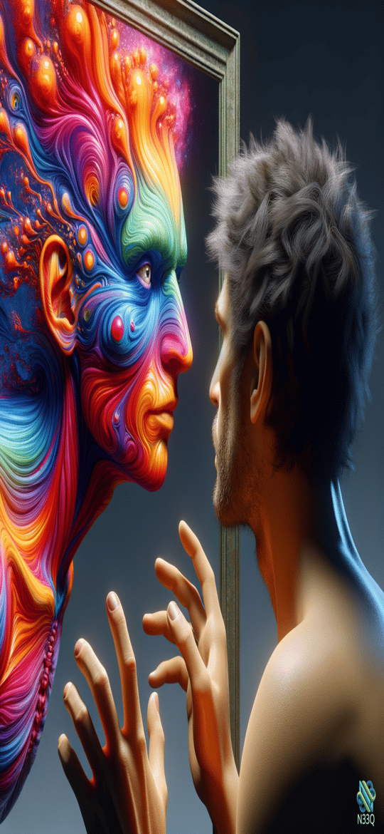 Man Reaching Toward Psychedelic Rainbow Face