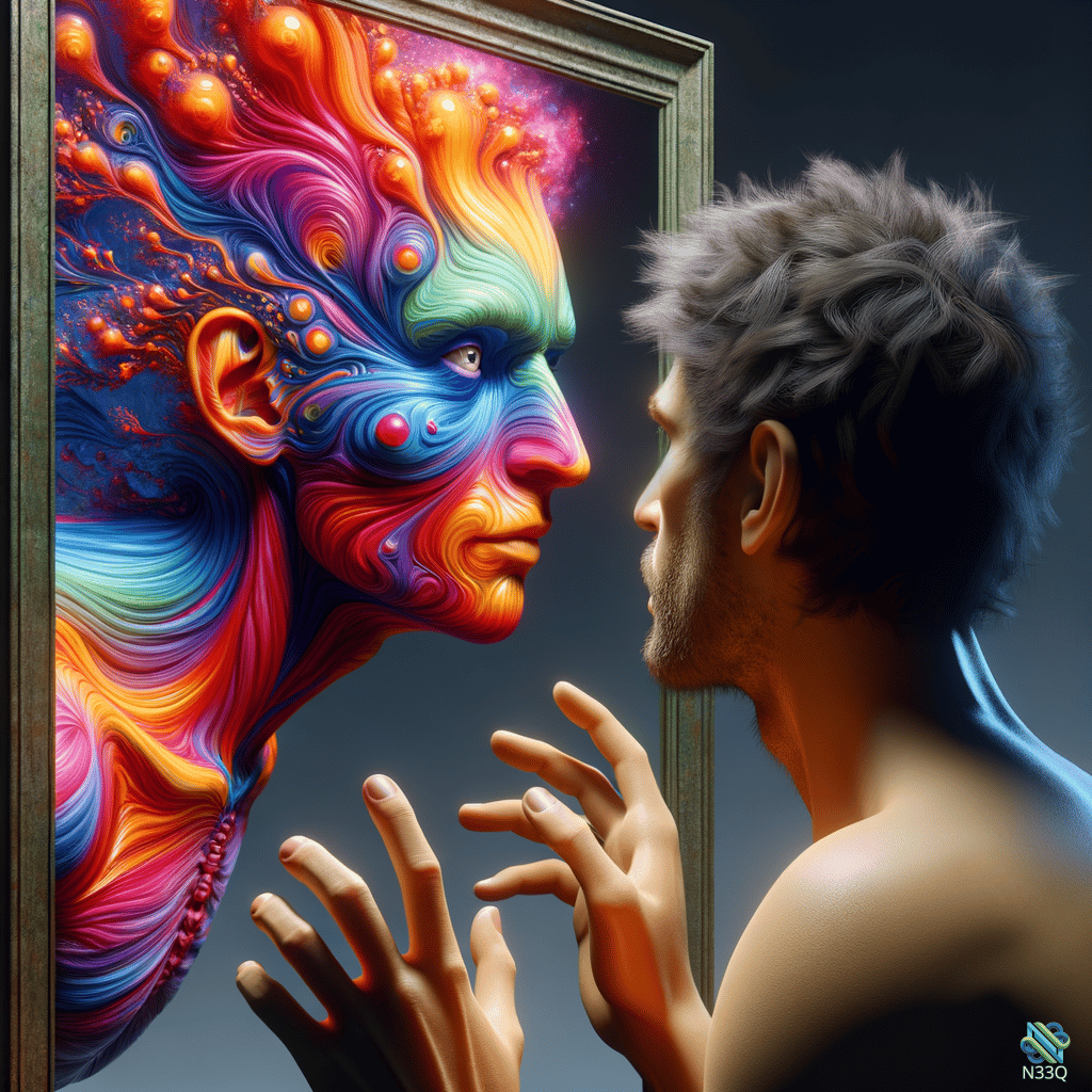 Man Reaching Toward Psychedelic Rainbow Face