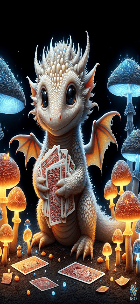 White Dragon Holding Cards Among Glowing Mushrooms