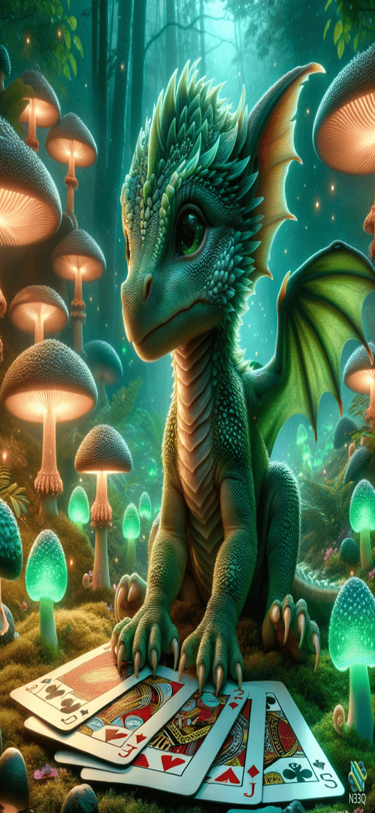 Green Dragon with Playing Cards in Mushroom Forest