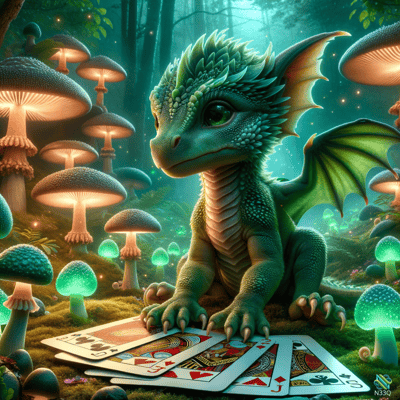 Green Dragon with Playing Cards in Mushroom Forest