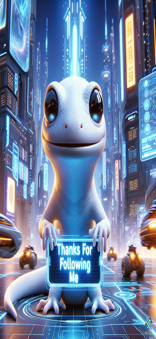 White Gecko Holding Thanks Sign in Neon City