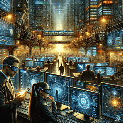 Futuristic Command Center with Cyberpunk Operators