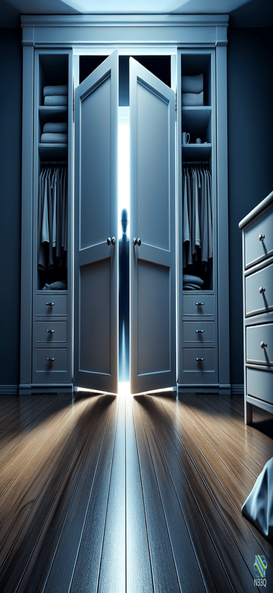 Silhouetted Figure in Open Wardrobe
