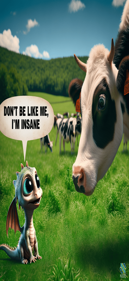 Baby Dragon and Cow in Pasture