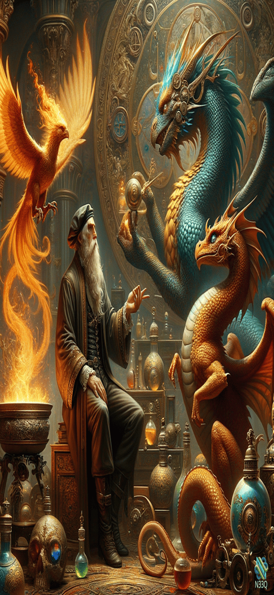 Alchemist with Fiery Phoenix and Dragons