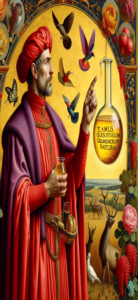Alchemist Pointing at Floating Latin Flask