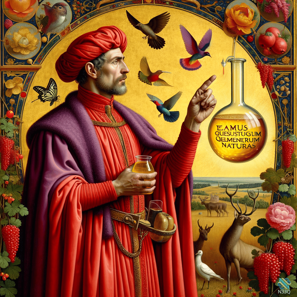 Alchemist Pointing at Floating Latin Flask