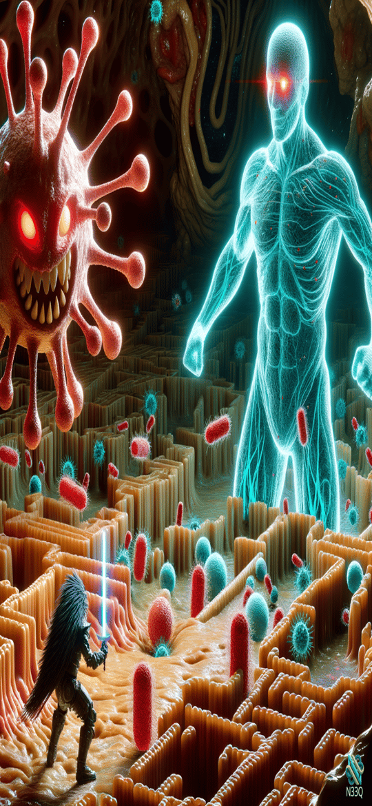 Warrior Battles Virus Beside Neon Guardian