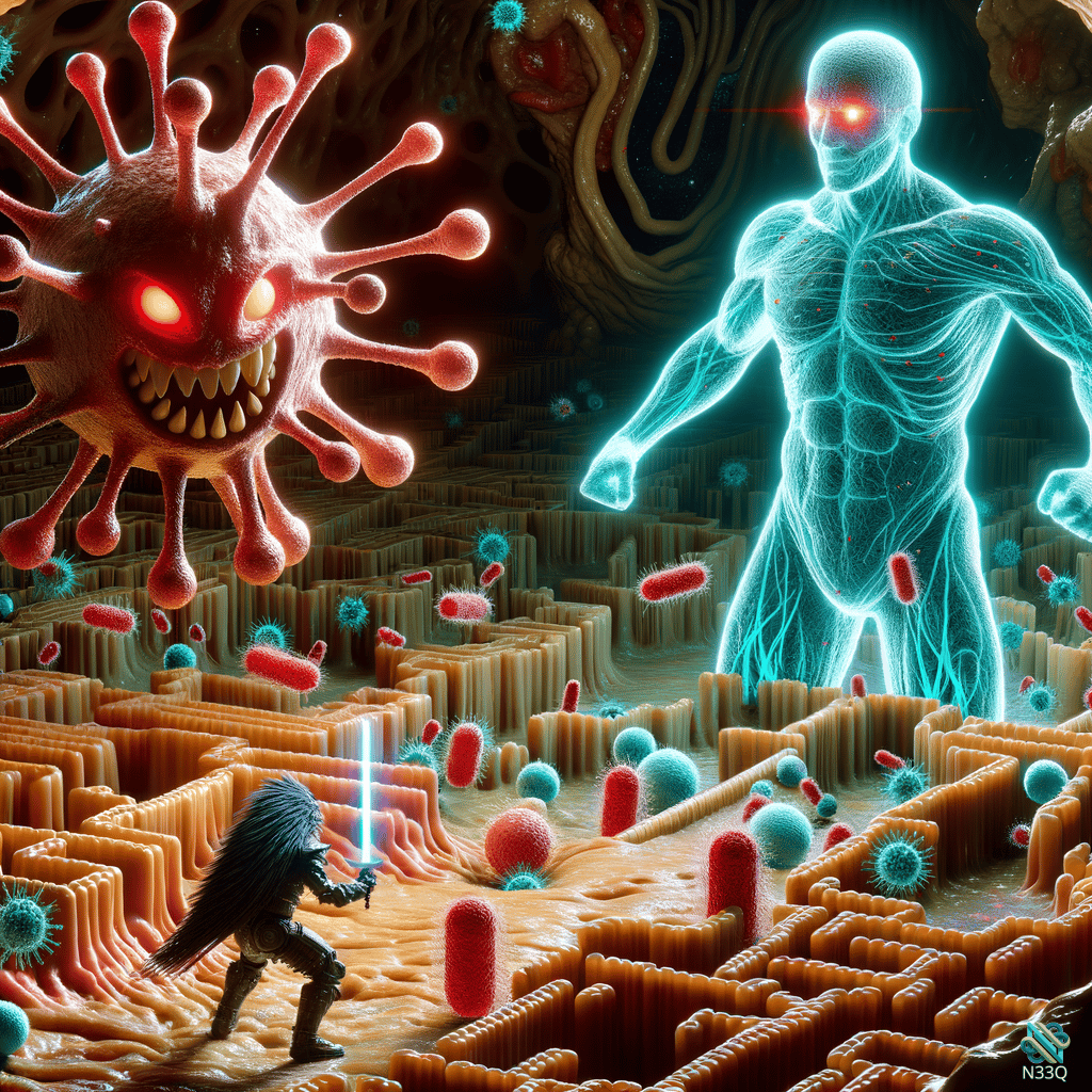 Warrior Battles Virus Beside Neon Guardian
