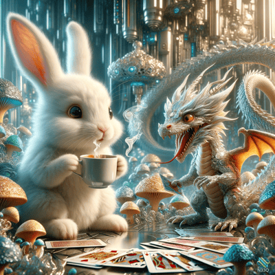 White Rabbit and Dragon Sharing Tea
