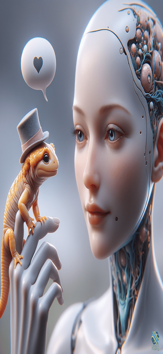 Cyborg Woman Holding Top-Hatted Lizard