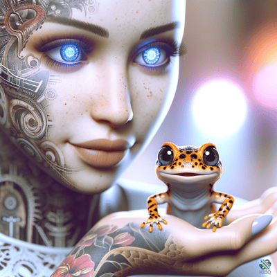 Cyborg Woman Holding Orange Spotted Frog