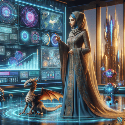 Woman and Dragon in Futuristic Command Center