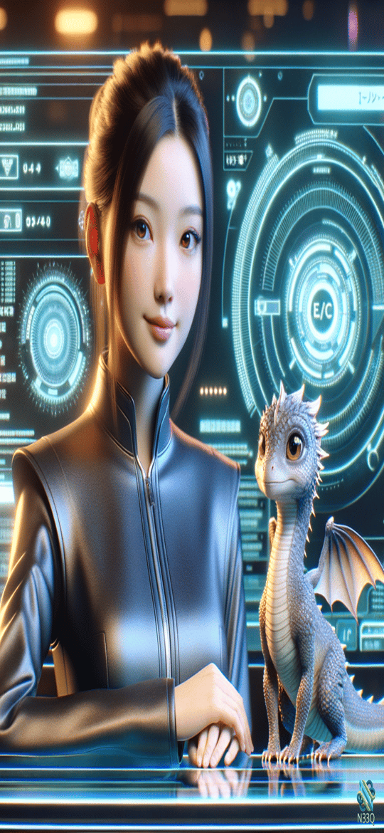 Woman with Baby Dragon in Neon Control Room