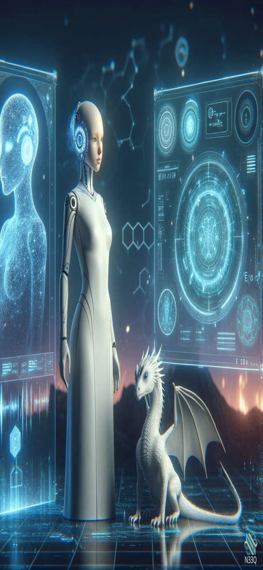 Android Woman With White Dragon Holograms