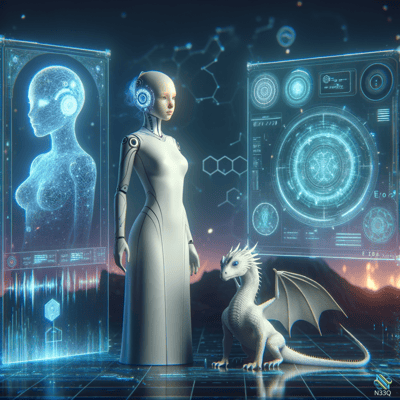 Android Woman With White Dragon Holograms