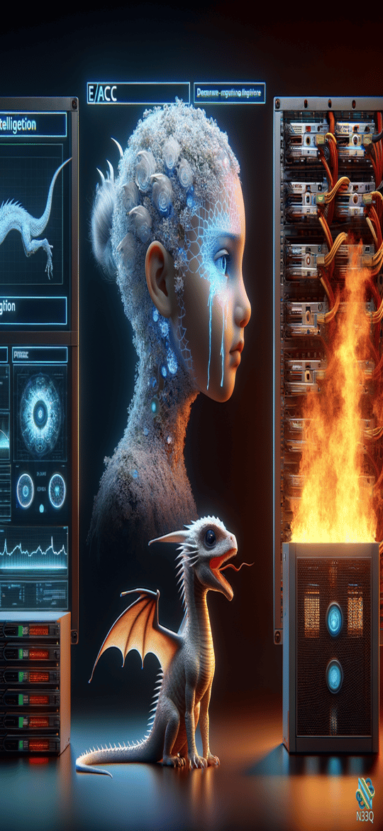 Crying Cybernetic Girl with White Dragon and Burning Server