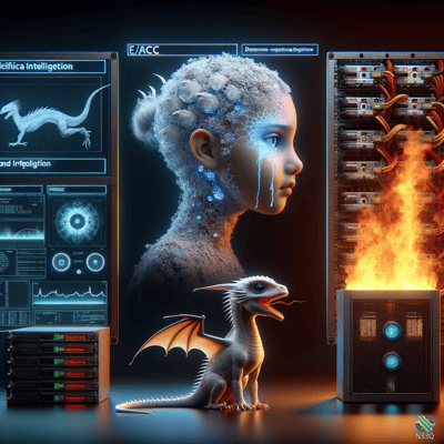 Crying Cybernetic Girl with White Dragon and Burning Server