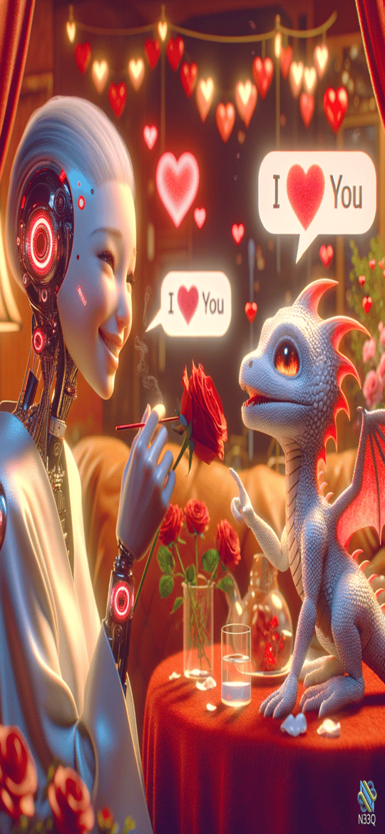 Robot Woman and Baby Dragon Sharing Love