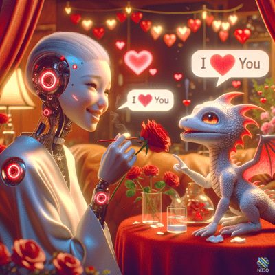 Robot Woman and Baby Dragon Sharing Love